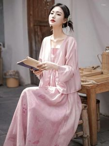 Robes décontractées Han Vêtements chinois Cheongsam Dresswomen's Pink Loose Cartdigan Suit à la mode Chinestyle Cotton et Linen Springsummer