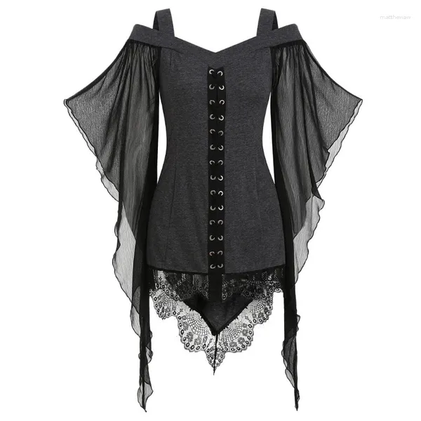 Vestidos casuales Pañuelo Camisa Vestido Grommet Lace Up Gothic Punk Mujeres Drapeado Mangas Hombro frío Túnica Blusa larga Tops Disfraz de bruja