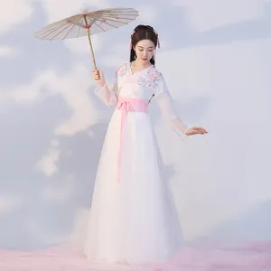Casual jurken Hanfu damesjurk Polyester Wit bloemenborduurwerk V-hals Oude retro Chinese stijl Lente- en zomerprestaties