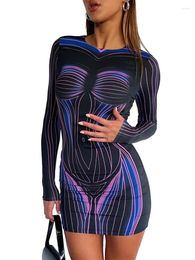 HAOYUAN 3D Body Print Lange Mouw Korte Mini-jurk Voor Vrouwen 2023 Y2k Verjaardag Nachtclub Outfits Sexy elegante Bodycon