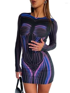 Vestidos informales HAOYUAN 3D Body Print Manga larga Mini vestido corto para mujeres 2023 Y2K Cumpleaños Night Club Trajes Sexy Elegante Bodycon