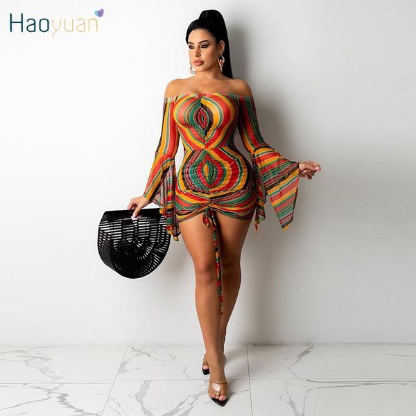 Robes décontractées haoyuan rayé de l'épaule bodinhcon mini robe flare manches féminines festivals anniversaire tenues