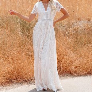 Casual jurken Happie Queens Fashion Women Deep V-Neck Lace Hollow Out Boemian Maxi Dress Vintage Lady White Boho 230217