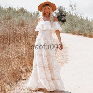 Casual Jurken Happie Queens Vintage Lace Hollow Out Beach Bohemian Maxi Jurken Robe Kaftan Elegant Lady Off Shoulder Boho Jurk Vestidos J230619