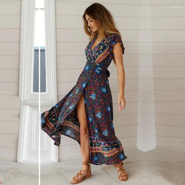 Vestidos casuales Happie Queens Mujeres Estampado floral Manga de murciélago Playa Bohemio Wrap Maxi Vestido Damas Sexy V Cuello Verano Boho