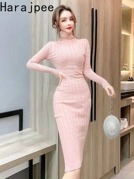 Vestidos informales Harajpee Autumn Winter Women 2024 Fashion de estilo coreano Cuello alto delgado de manga larga de manga larga Sólido