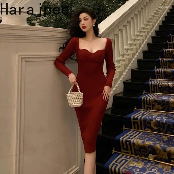 Robes décontractées Harajpee tricoté femmes robe mode coréenne 2024 dîner longue automne hiver rouge élégant soirée robes