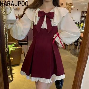 Vestidos casuales Harajpoo arco madera oreja resbalón vestido mujeres otoño invierno diseño sentido nicho estilo universitario dulce lindo niña lolita