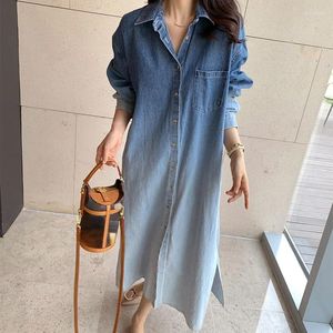 Vestidos casuales Harajuku Chic Botón Up Long Denim Vestido Mujeres Otoño Invierno Moda Streetwear Lady Jean Venta al por mayor