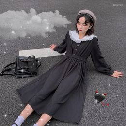 Robes décontractées Harajuku gothique Kawaii noir robe de marin femmes Lolita fille Style col en dentelle Vintage pansement plissé longues Vestidos 2022