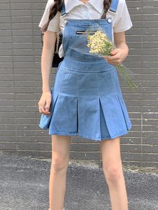 Robes décontractées Harajuku Streetwear Col carré Design Denim Camisole plissée Vintage Sweet Girly Plis sans manches Mini robe en vrac