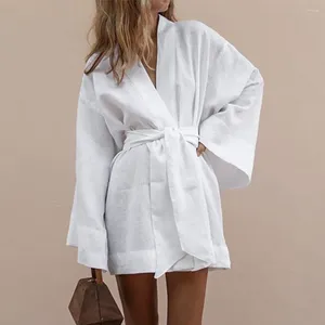Robes décontractées Harajuku Femmes V-Col V-Col Kimono Cardigan Mini Robe Blanc Coton Linge À Manches Longues Ceintures À Lacets Femmes 2023 Automne Lâche