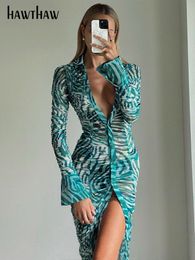 Robes décontractées Hawthaw Gaun Midi Wanita Elegan Lengan Panjang Cetak Bodycon Pakaian Jalanan Hijau Musim Gugur Article Grosir pour les bisous 230328