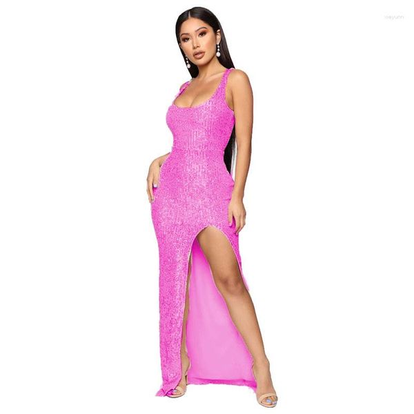 Robes décontractées industrie lourde conception sens Niche 2023 été femmes fermeture Sequin fronde fendue Sexy fête réunion robe longue