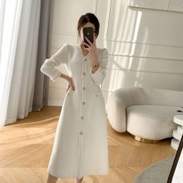 Robes décontractées Heydress V-cou Robe solide taille haute à manches longues élégante tendance femmes vêtements automne robe de bureau à simple boutonnage 230323