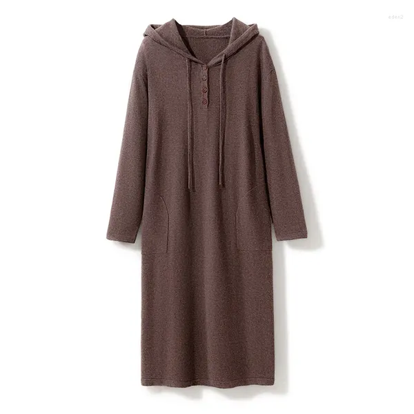Robes décontractées pull en cachemire haut de gamme Longue robe femme manche en tricot femelle solide couleurs de mode épaisse pulvérisée à capuche