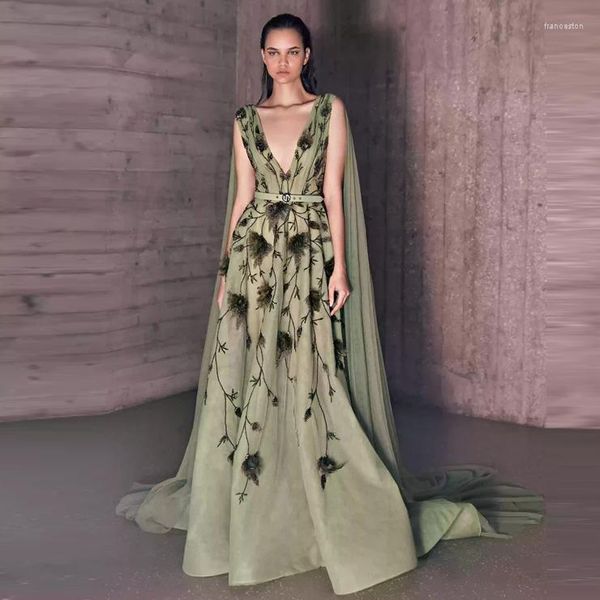 Vestidos casuales Vestidos de fiesta de encaje floral verde oliva de gama alta con capa Doble cuello en V Flor 3D Fiesta formal Túnica árabe modesta