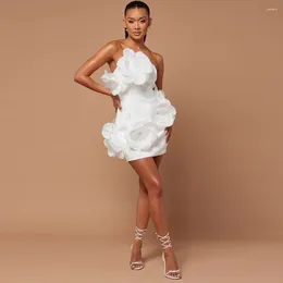 Casual jurken High -end Pure witte 3D bloemhuls mini maxi om te feesten mooie bloei korte vrouwen kleding bruids stretchy stof