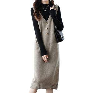 Vestidos casuales High End Vintage 100 Pure Cashmere Knitted Sweater Chaleco sin mangas Vestido Mujer Bodycon Elegante Otoño Invierno Suéter Midi Dress 221119