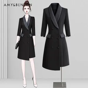 Casual jurken hoogwaardige blazerjurk damesveer en herfst 3/4 mouw slanke dubbele borde onregelmatige werkkleding zwart pak dames