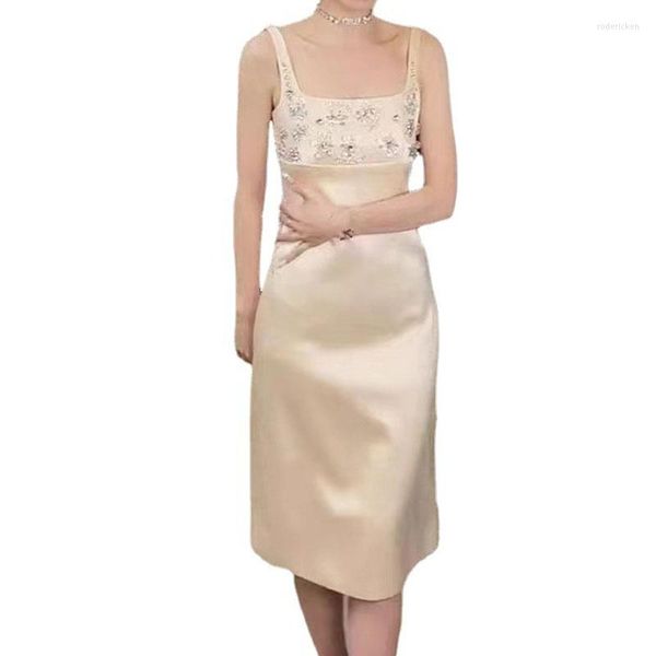 Vestidos casuales de alta calidad 2023 moda verano mujeres sexy correa de espagueti satén diamantes rebordear mini elegante vestido hasta la rodilla