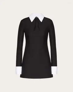 Robes décontractées de haute qualité 2024 printemps bureau dame col blanc patchwork laine noire à manches longues femme mini robe