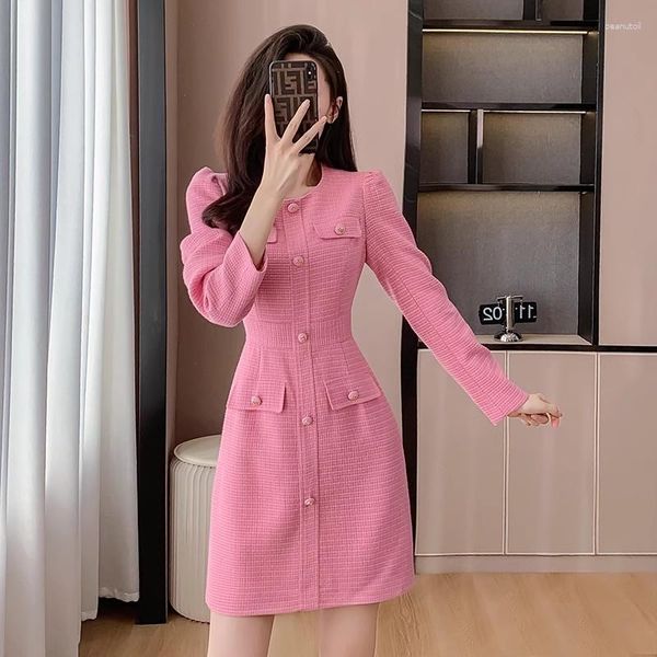 Vestidos informales de alta calidad otoño rosa tweed vestido de manga larga mujeres elegantes o cuello solo pecho oficina damas delgadas una línea vestidos