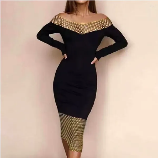 Robes décontractées Haute Qualité Couleur Noir Femmes Manches longues Slash Cou Diamant Mesh Moulante Robe mi-mollet Bandage Célébrer la fête d'anniversaire