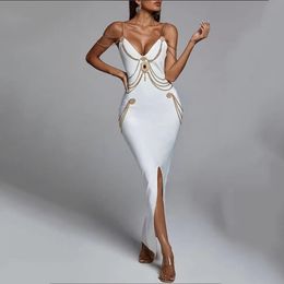 Robes décontractées Haute Qualité Noir Blanc Chaîne Spaghetti Strap V Cou Split Bandage Moulante Celebrity Club Party Long Vestidos 221121