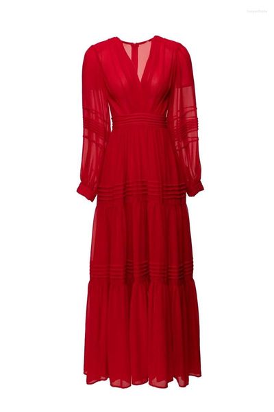 Robes décontractées haute qualité en mousseline de soie longue robe 2023 printemps été fête soirée femmes col en v plissé manches rouge blanc noir Maxi XL