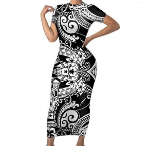 Casual Jurken Hoge kwaliteit Custom Dames Jurk Polynesische Tribal Zwart-witte Achtergrond Met Plumeria Dames Zomer Strak Elegant