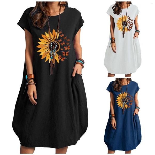 Vestidos casuales Vestido de alta calidad Mujeres hermosas Suelto Girasol Estampado de mariposa Tamaño grande Algodón Lino Bolsillo Ropa Vestidos Mujer