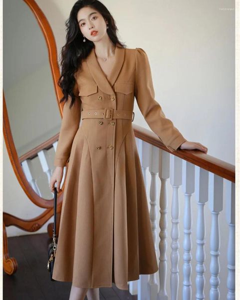 Vestidos casuales Alta calidad elegante mujeres con muescas cuello vestido de trinchera otoño invierno sólido doble botonadura cinturón de manga larga midi vestidos