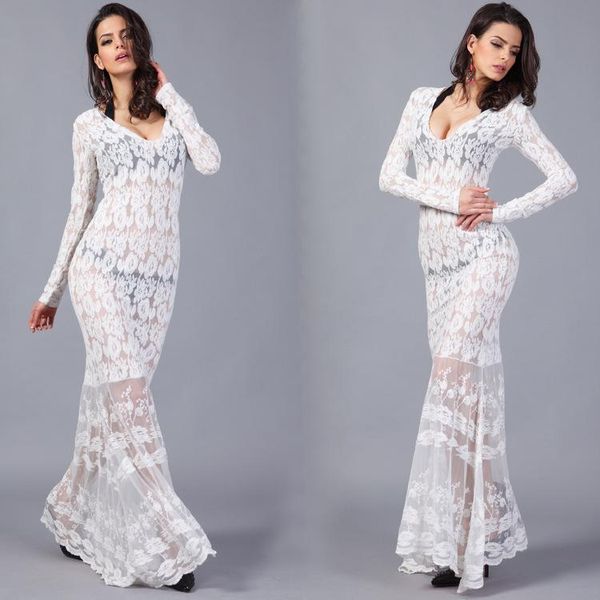 Robes Décontractées Haute Qualité Brodé Piste Robe Maxi Femme Soirée Manches Longues Col V Grande Balançoire Longueur Au Sol Blanc