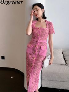 Casual jurken hoogwaardige roze kanten jurk voor vrouwen zomer vintage vierkante kraag
