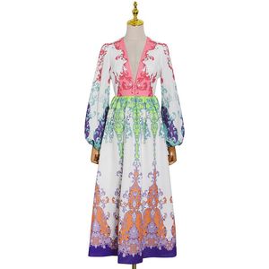 Robes décontractées Impression et teinture de haute qualité Taille Slim Robe de soirée 2021 Été Élégant Col V Lanterne Manches longues Boho