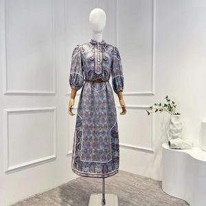Robes décontractées de haute qualité pur lin Paisley impression col mandarin Vintage Midi printemps 2023 Collection femmes