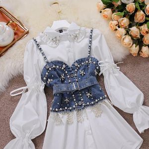 Robes Décontractées De Haute Qualité Brillant Diamant Perlé Denim Gilet Chemise Blanche Robe 2pcs Costumes Puff Sleeve Blouse Gland Perle Ensembles Femme Fashio