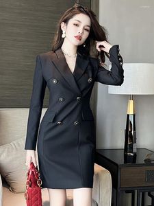 Casual jurken hoogwaardige lente herfst vrouwen kleden zwart geweven professionele formele blazer slanke mini party street mujer met lange mouwen lange mouwen