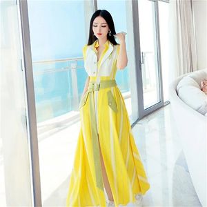 Robes décontractées Robe d'été de haute qualité Bohemian Bright Color Stitching Shirt Dress Design de mode Tempérament Robe jaune Femme 230509