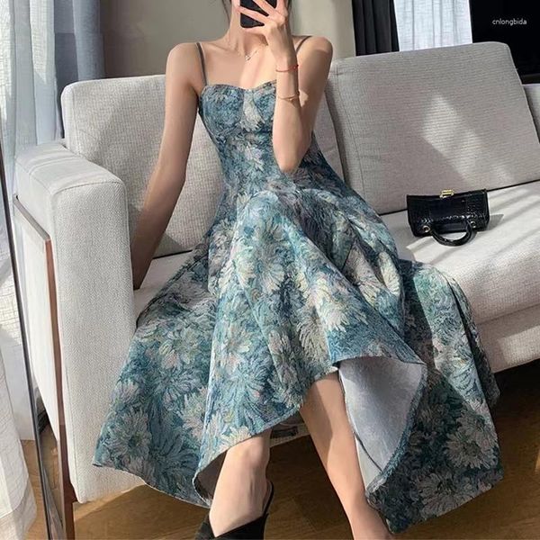 Robes Décontractées Haute Qualité D'été Vert Jacquard Robe De Bal Robe France Vintage Femmes Spaghetti Strap Fleur Taille Mince Dos Nu Sexy