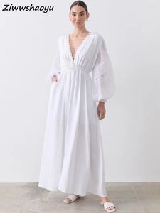 Robes Décontractées De Haute Qualité D'été Femmes Mode Piste Designer Lanterne Manches Taille Simple Poitrine Blanc Imprimé Big Swing Robe En Lin