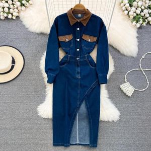 Robes décontractées de haute qualité Vintage élégant à manches longues col rabattu avec poche fendue une ligne Jean femmes robe