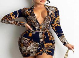 Casual jurken hoogwaardige vintage gouden ketens print bodycon mini jurk dames lange mouw skinny feestclub slijtage speciale occas4808704