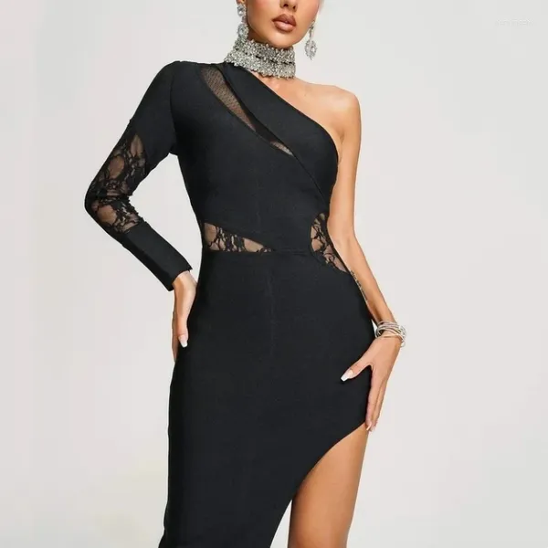 Vestidos casuales Mujeres de alta calidad Color negro Un hombro Patchwork Lace Sexy Off-The-Hombro Slit Bodycon Vendaje Vestido Fiesta de noche