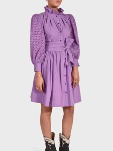 Robes décontractées Femmes de haute qualité Fashion Purple Mini robe robe à manches longues Single Breasted Hollow Out Lace-Up A-Line Ladies Automne