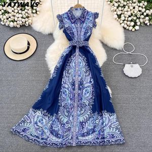 Casual Jurken Hoge Kwaliteit Vrouwen Mouwloze Ruches Single Breasted Riem Vintage Print Lange Party Vestidos Zomer Mode Runway Maxi