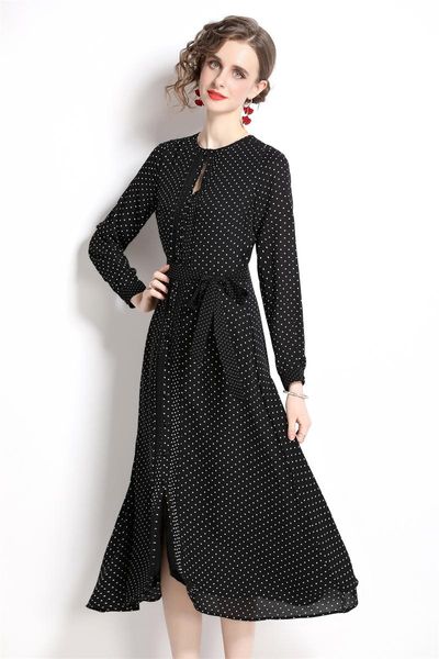 Vestidos casuales de alta calidad de las mujeres de verano elegante lunares de manga larga de cóctel bata femenina negro vestido de gasa de la vendimia VestidosCasual