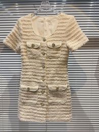 Robes décontractées High Street Est 2023 Mode Designer élégant Femmes Sweet O'Cou Boucle en métal Tweed Mini robe à manches courtes