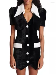 Vestidos informales High Street EST 2024 Diseñador Moda Women's Black White Color Block Velvet Vestido